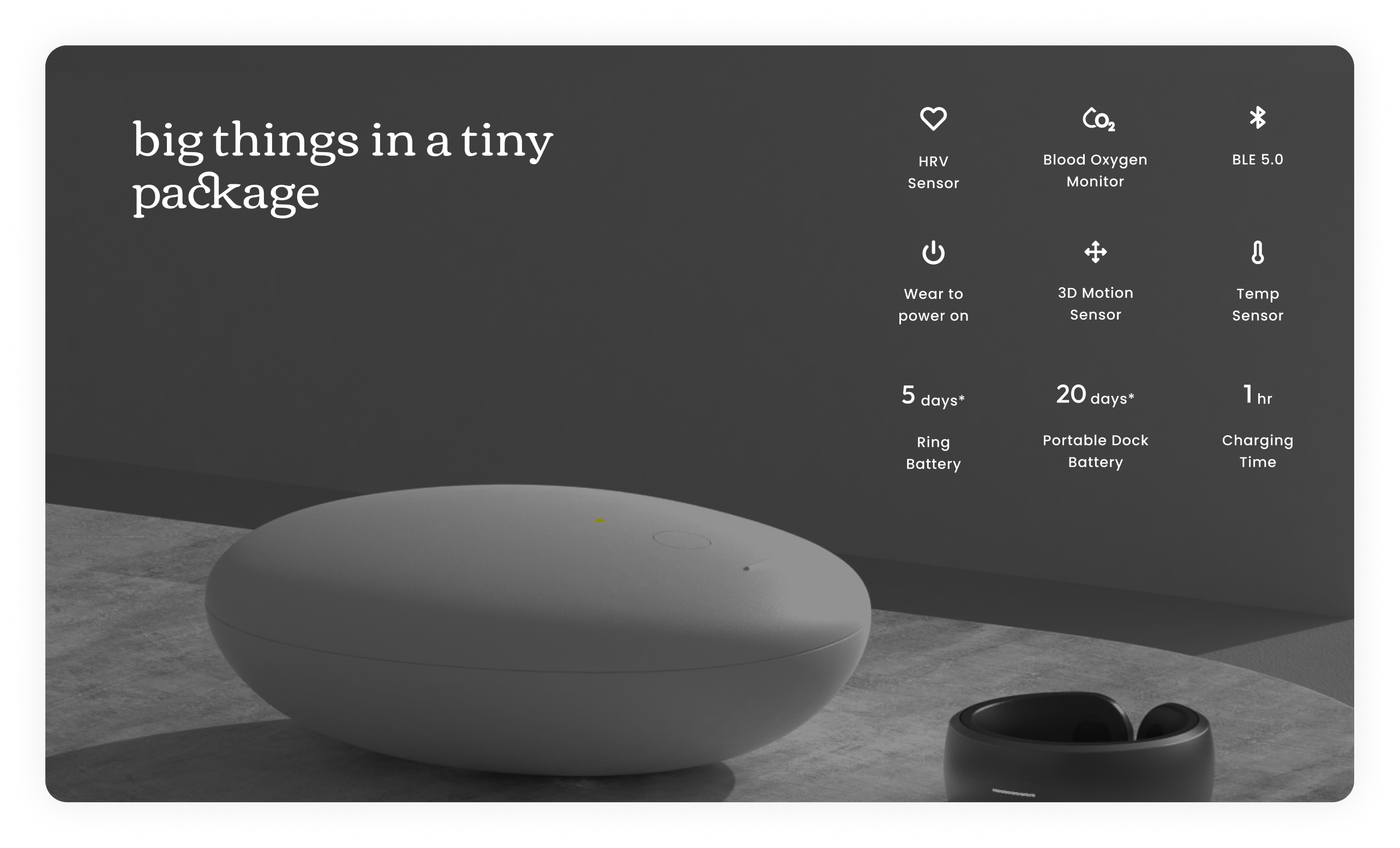 Dhyana 2 specifications — HRV sensor, blood oxygen monitor, Bluetooth 5.0, five-day ring battery, twenty-day dock battery, one-hour charging time