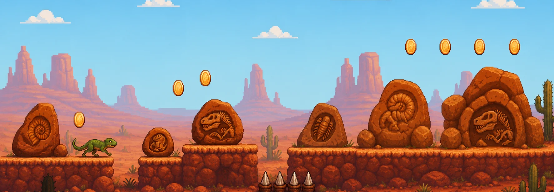 Pixel-art desert level showing the runner character, fossil-bearing rocks and collectible coins