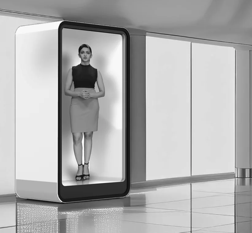 A life-size Holobot hologram in a lobby