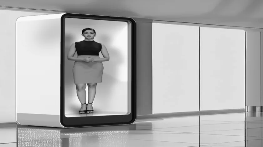 A life-size Holobot hologram in a lobby