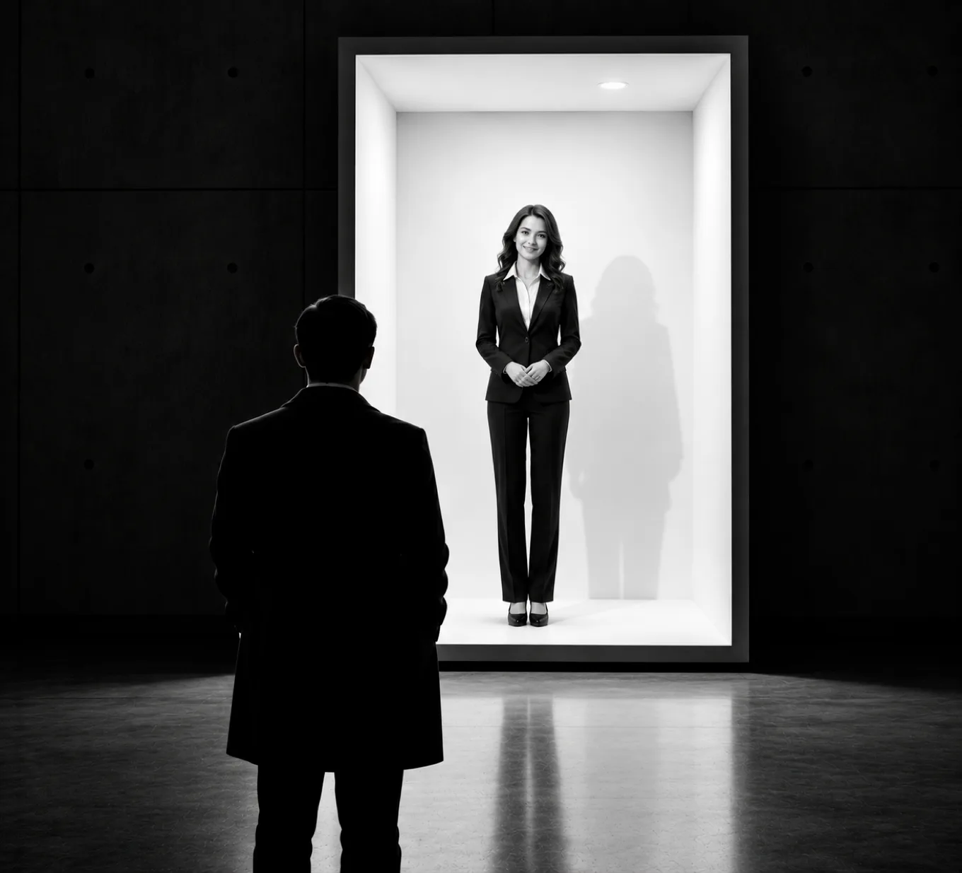 A digital human standing in a lit gallery space