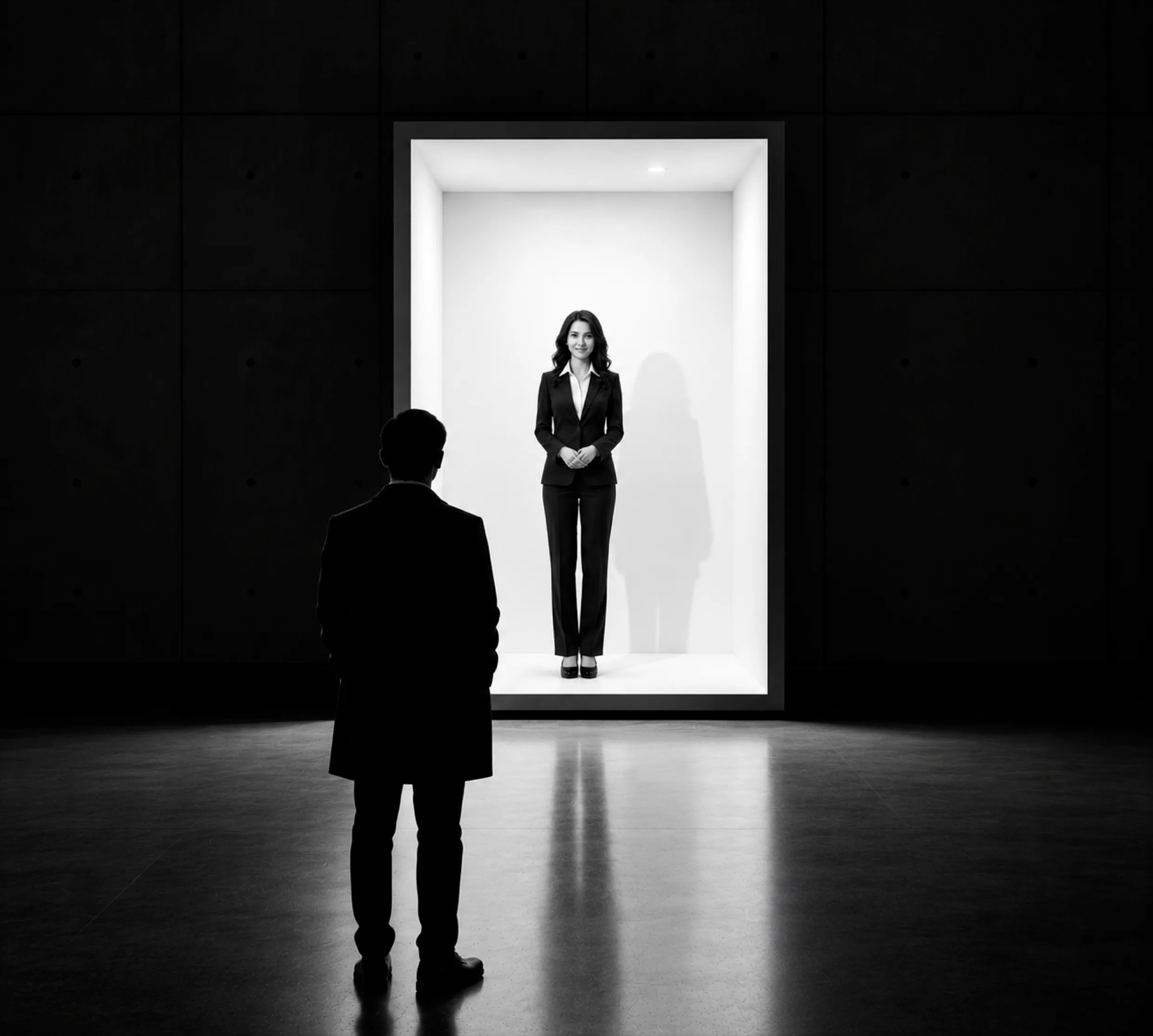 A digital human standing in a lit gallery space