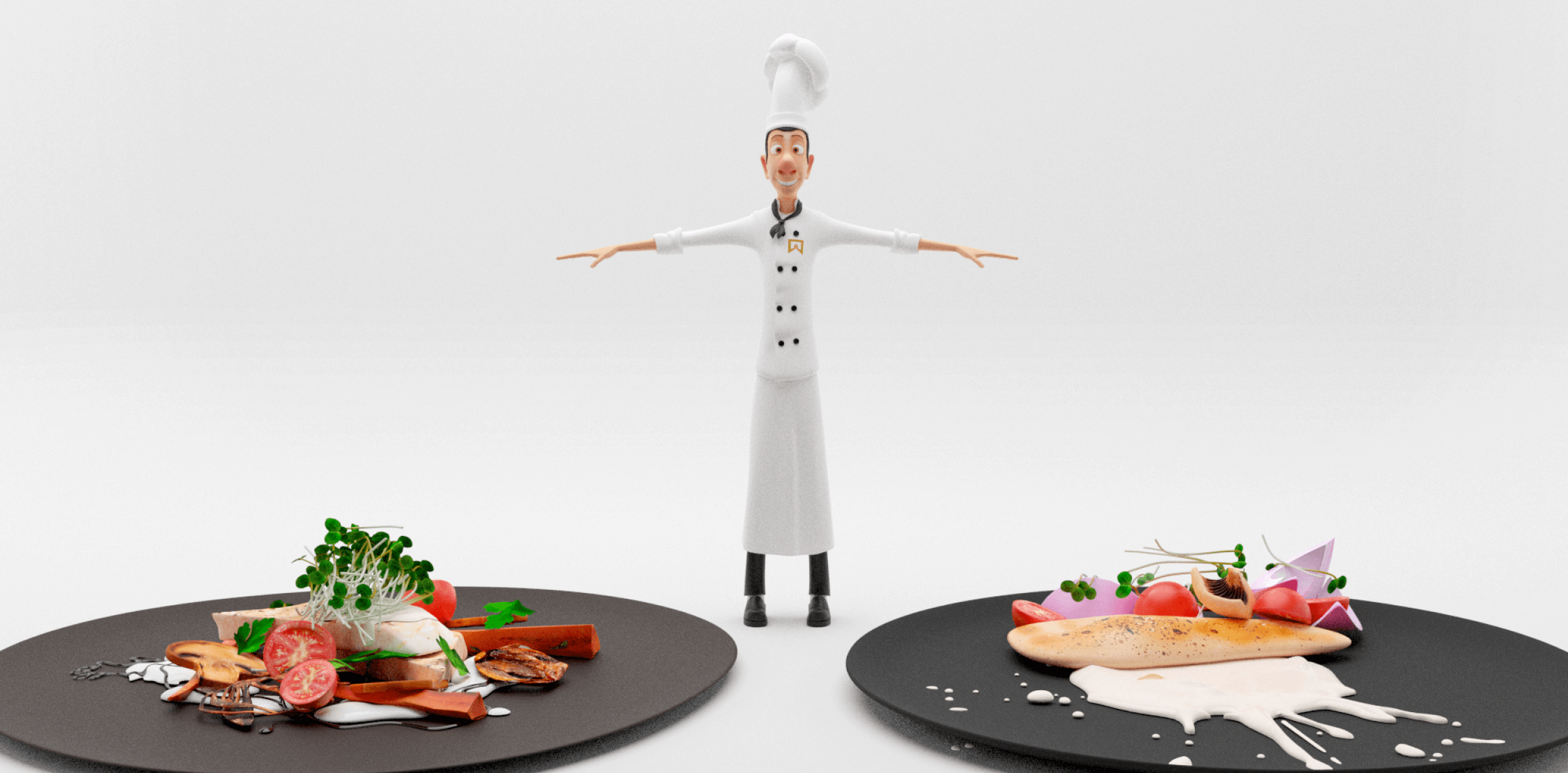 Miniature ITC MastAR Chef standing between two plates