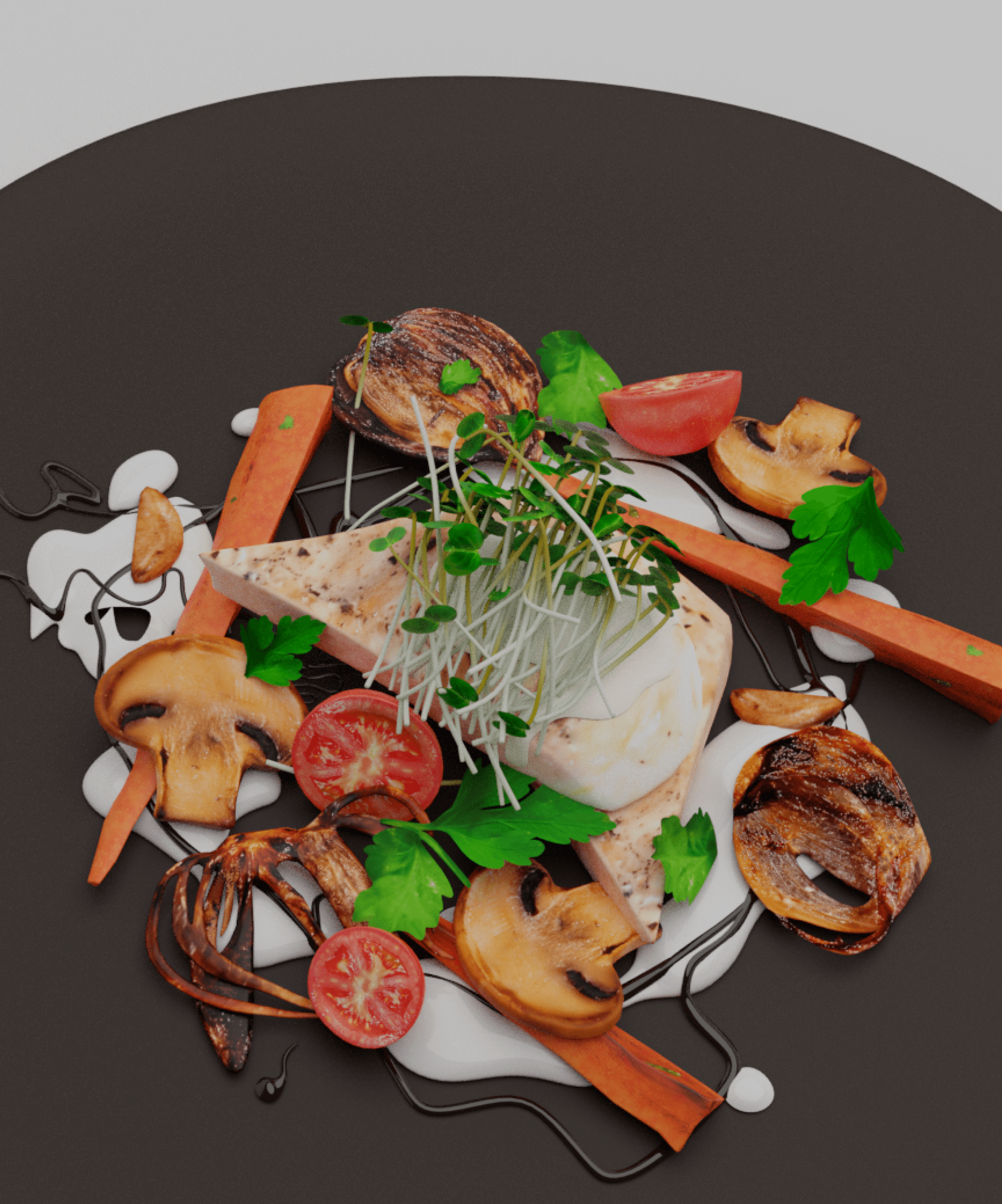 Overhead photograph of a plated dish, mapped onto a 3D model
