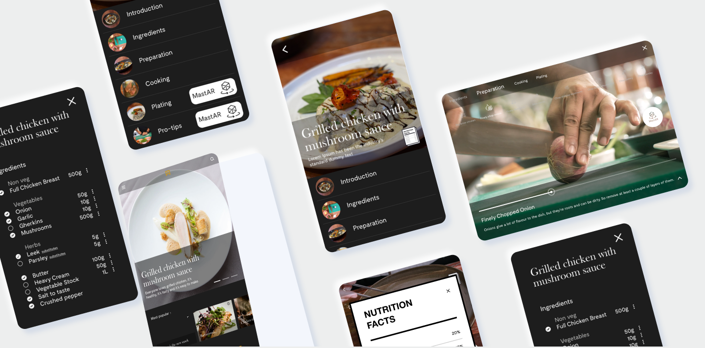 Collage of ITC MastAR Chef app screens — ingredients, cooking, plating and nutrition facts