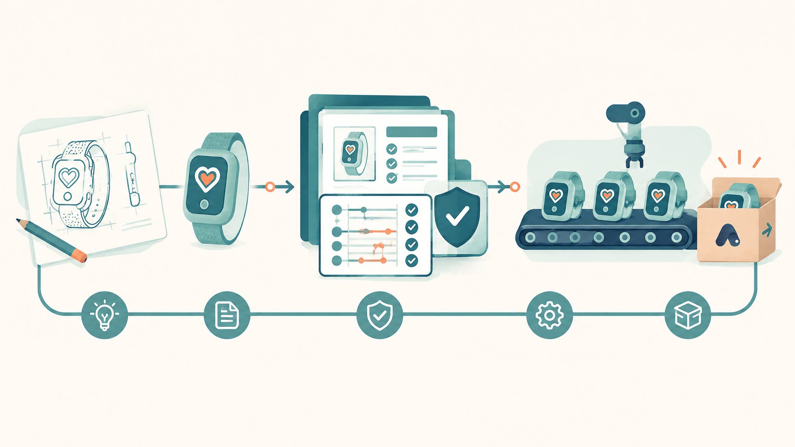 Idea, specification, quality and risk documentation, manufacturing, and packaging — the stretch a development partner has to cover, in whole or in part.