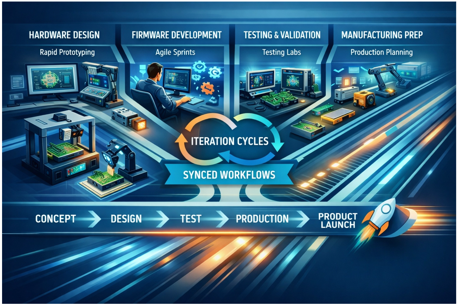 Parallel development workflows showing synchronized hardware design, firmware development, testing, and manufacturing preparation with iteration cycles