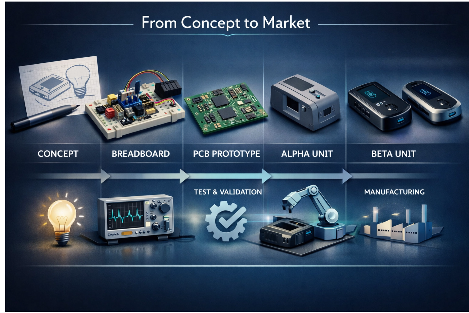 Journey from concept to market showing product evolution through breadboard, PCB prototype, alpha unit, beta unit, and production unit stages