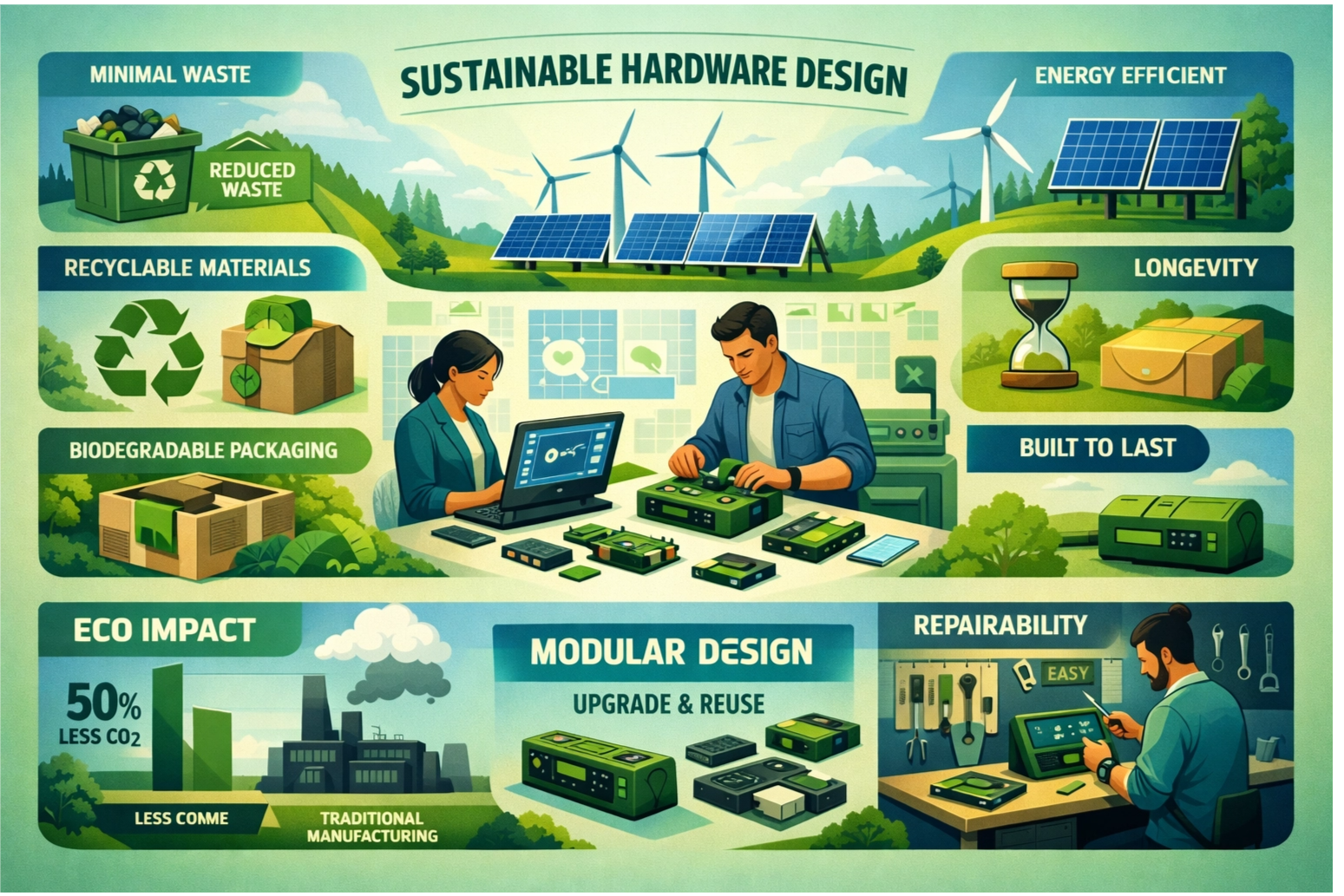 Sustainable hardware design principles showing minimal waste, recyclable materials, energy efficiency, longevity, repairability, and modular design