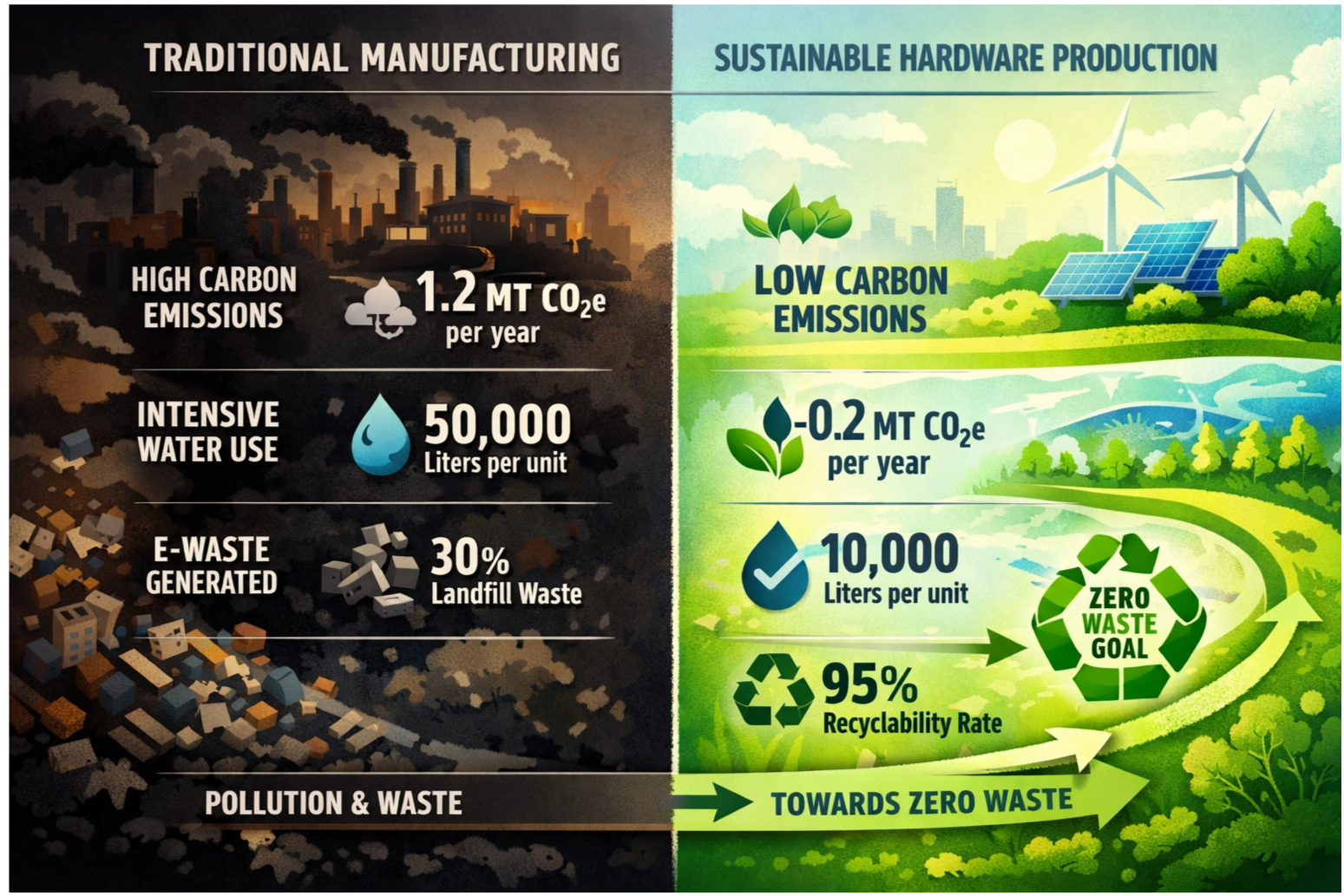 Environmental impact comparison showing traditional manufacturing (high carbon, waste, pollution ) versus sustainable circular design (minimal impact, zero waste goal)
