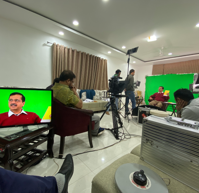 Green-screen studio session recording the chief minister's face and voice